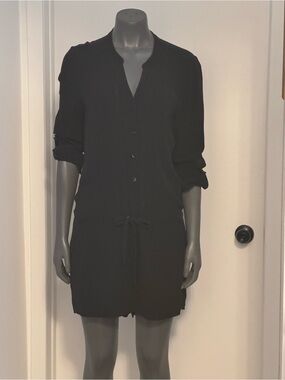 Black Button-Front Drawstring Silk Romper